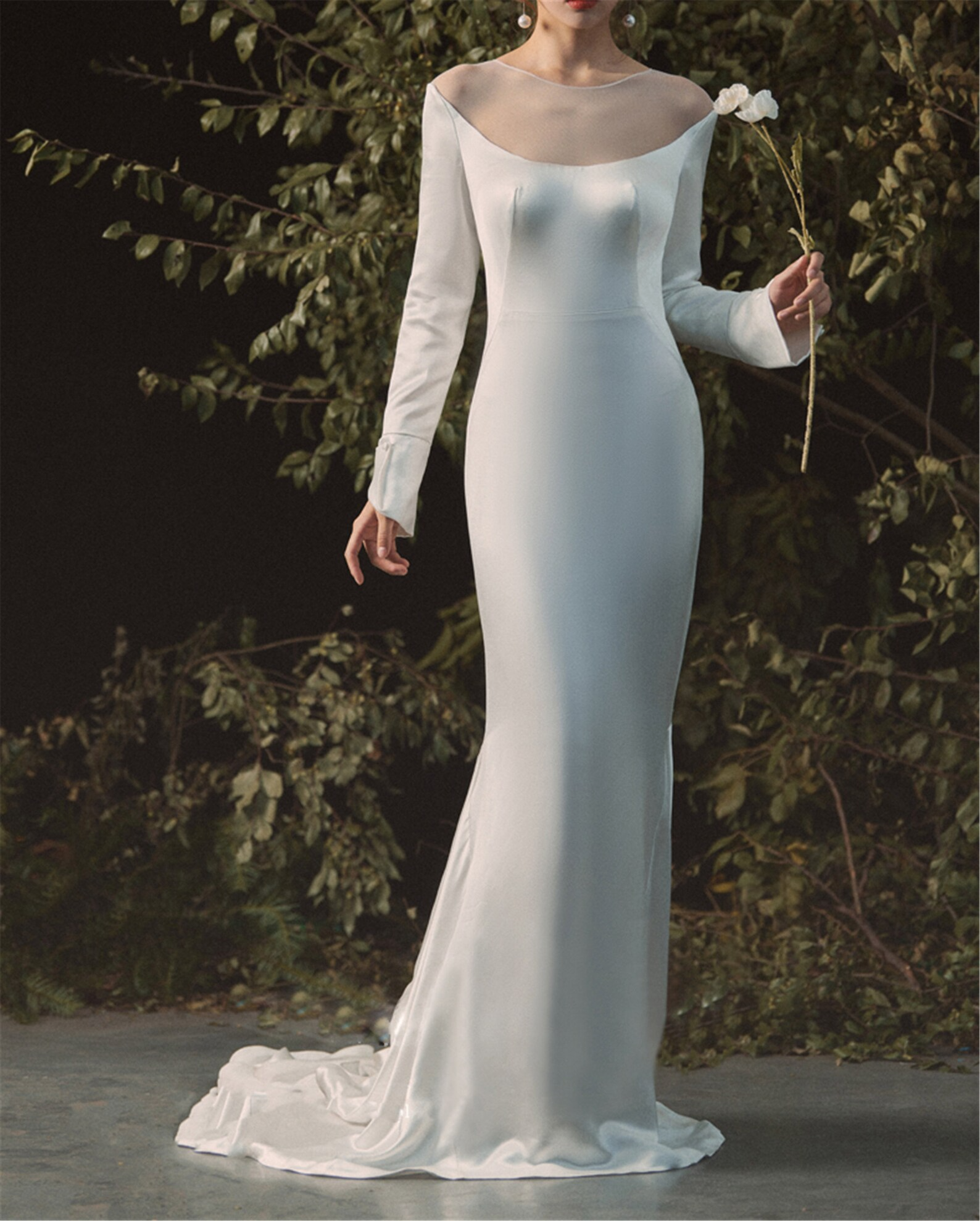 Ivory Elegant Wedding Dress,Satin Mermaid Bridal Dress,Long Sleeve Prom Dress