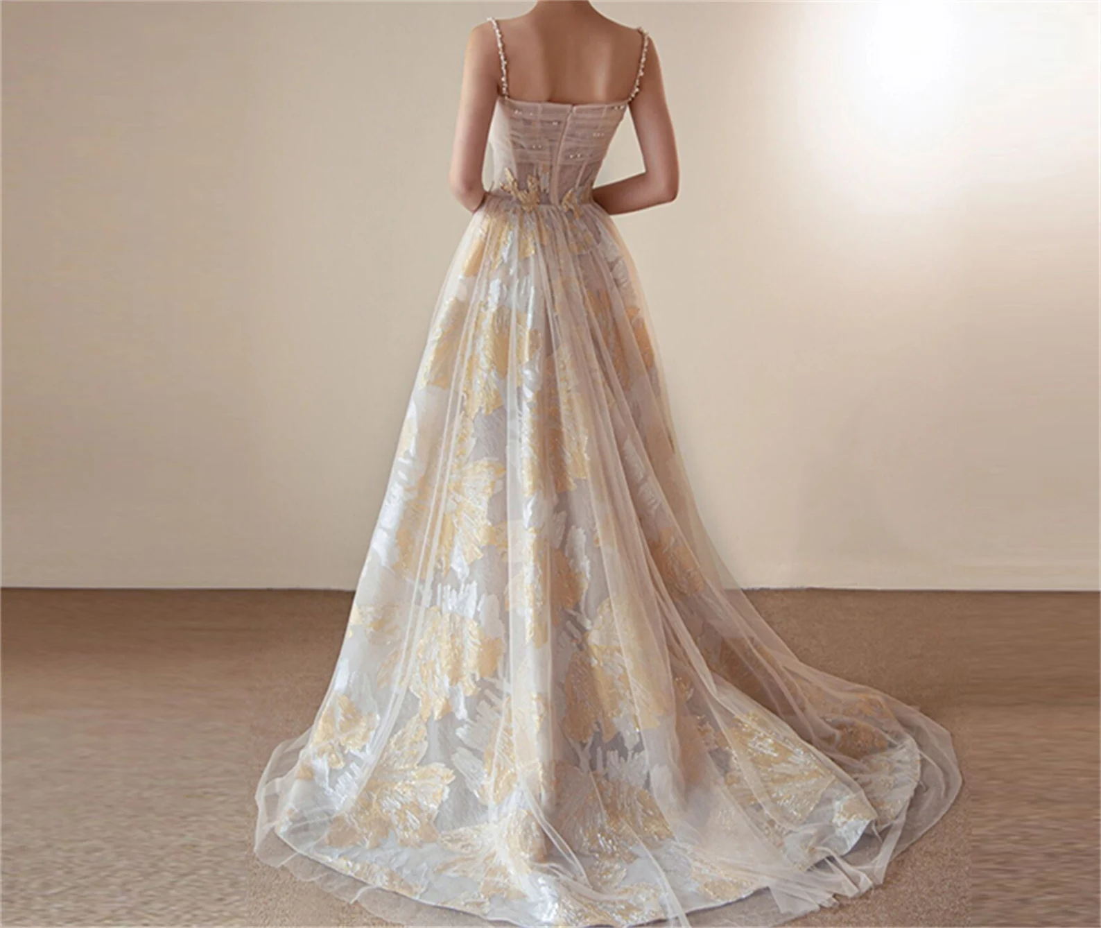 Champagne Gold Flower Pearls Beading Tulle Dress, Elegant Prom Dress